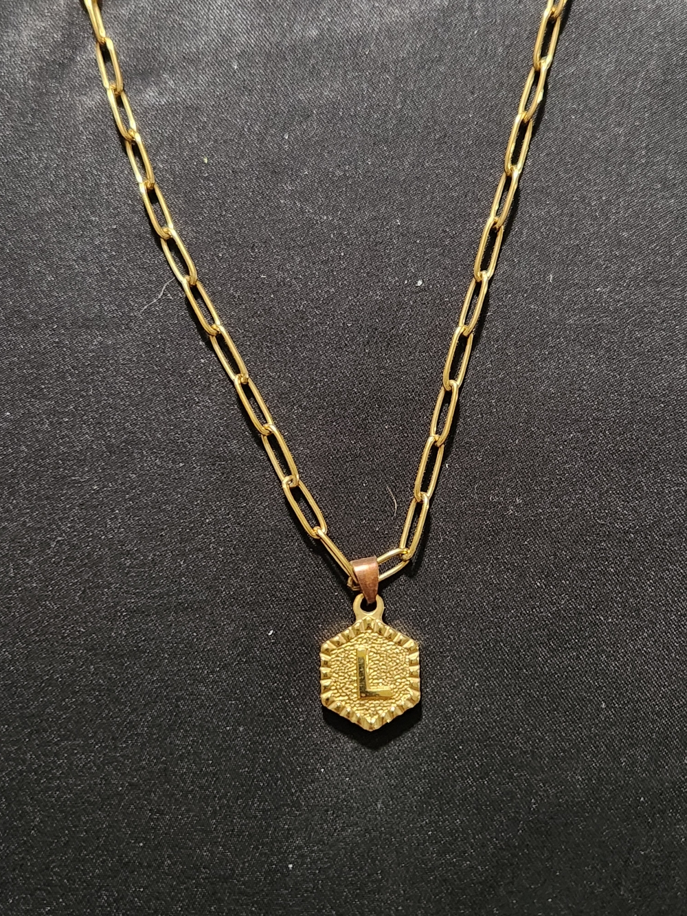 ​Dainty Gold Initial L Hexagon Charm Necklace on Trendy Paperclip Chain